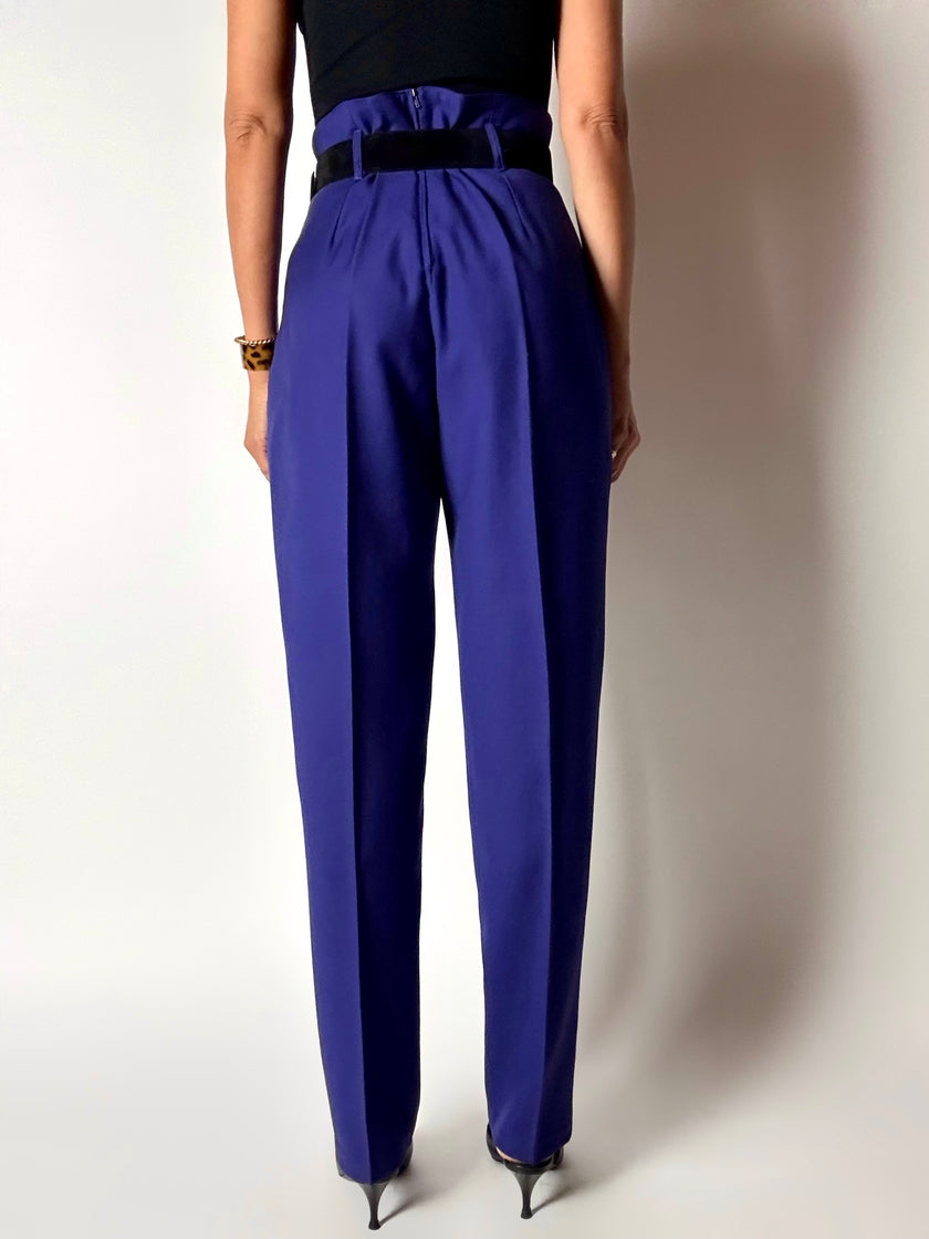 Pantalone vintage Cristina Gavioli a vita con piega in lana blu violetto