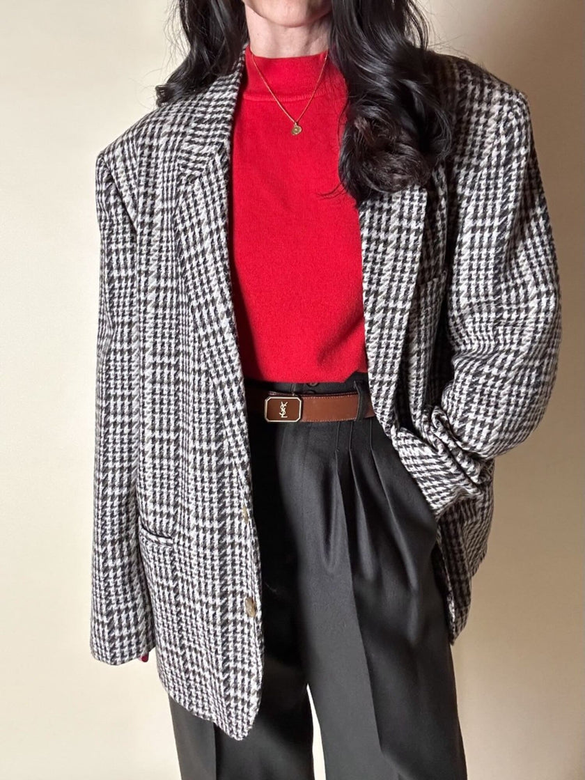 Blazer oversize in lana check beige e marrone con fodera fantasia uccellini