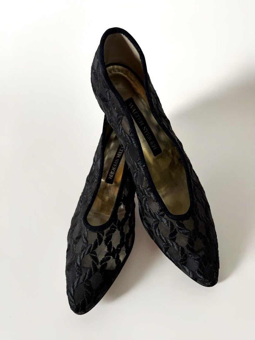 Ballerine vintage Walter Steiger in rete nera ricamata