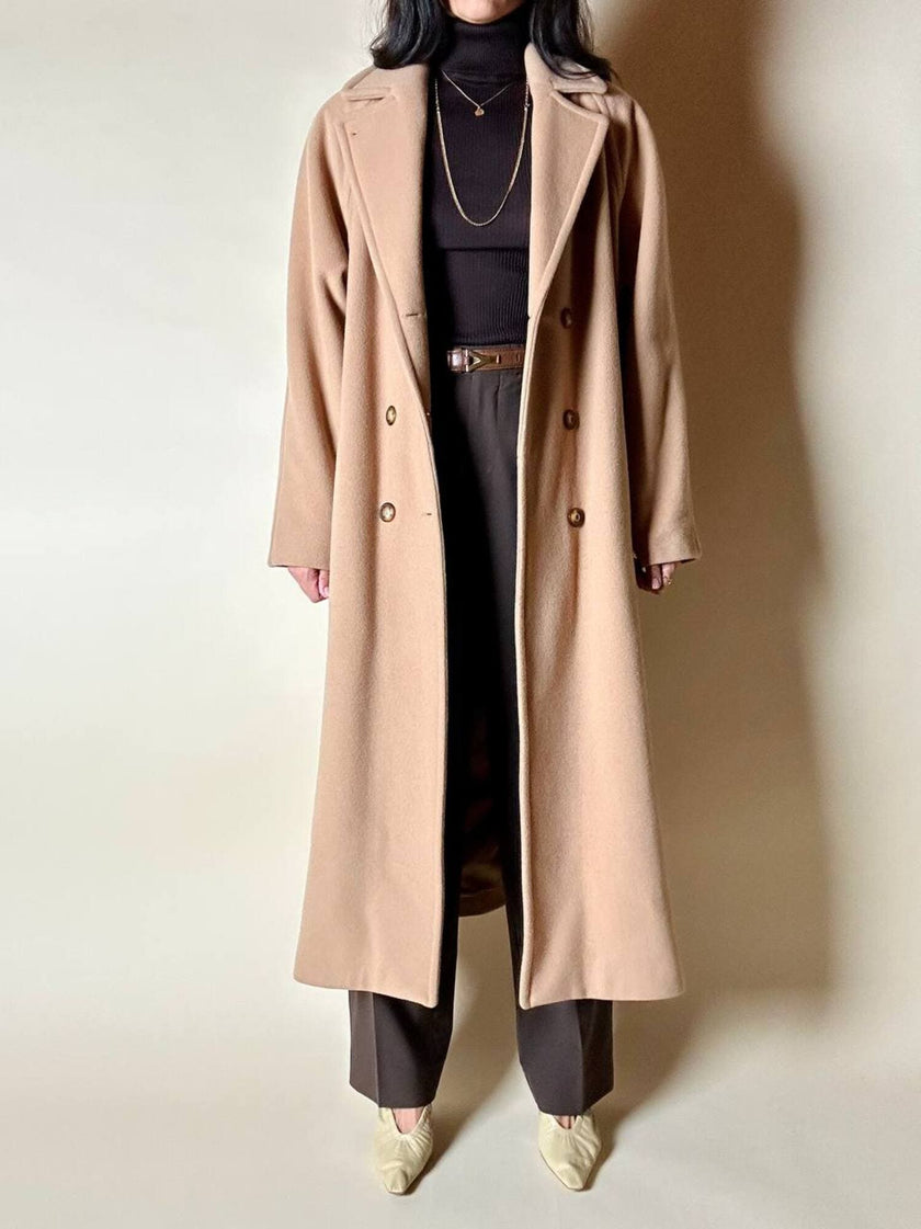 Cappotto vintage Kamaé modello vestaglia in lana e cachemire cammello chiaro