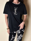 T-shirt vintage Yves Saint Laurent in cotone nero con logo YSL in lamé argento e strass