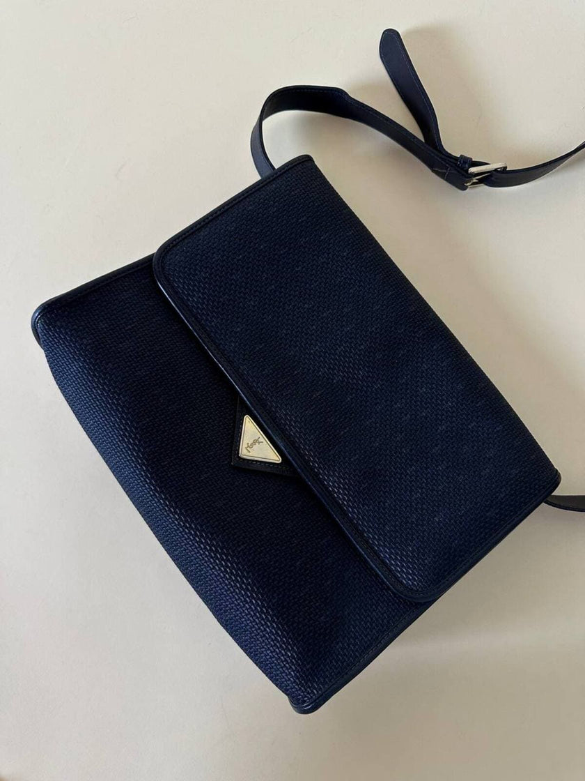 Borsa messenger in tessuto plastificato e pelle blu “Yves Saint Laurent”