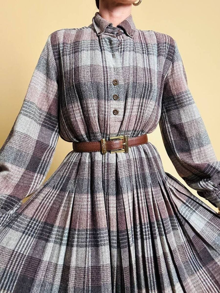 Maxi abito plissé in lana flanellata fantasia check