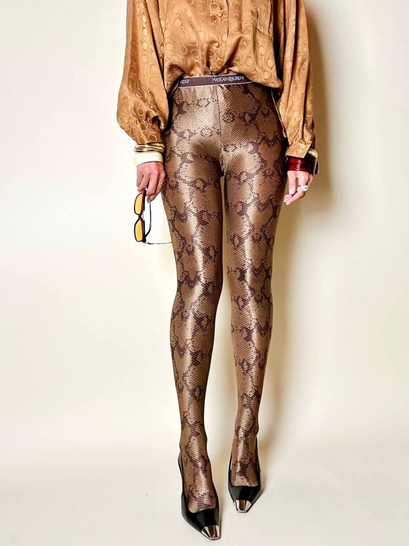 Collant Yves Saint Laurent in lycra fantasia pitone nei toni del beige bronzo e marrone