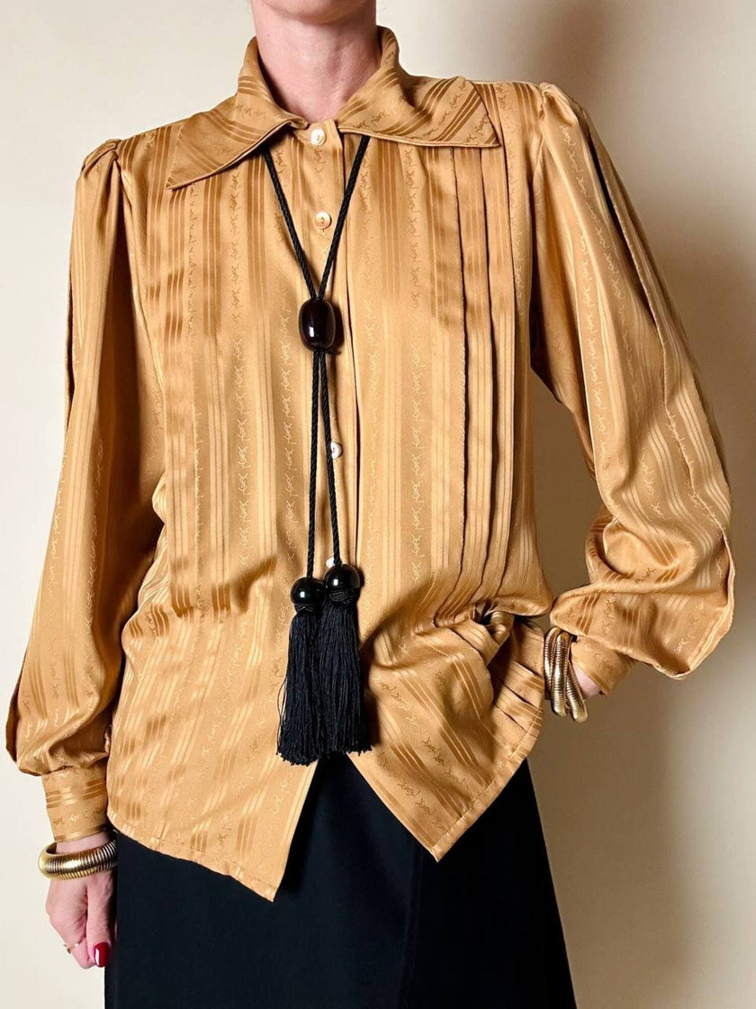Camicia in tessuto jacquard caramello con loghi “Yves Saint Laurent”