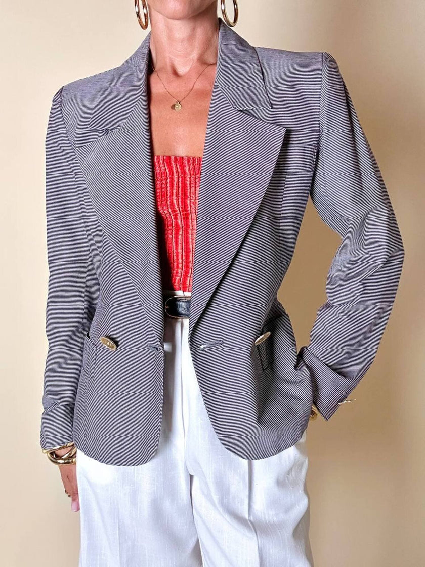 Blazer Yves Saint Laurent fantasia doppiopetto a righe bianche e blu con bottoni dorati