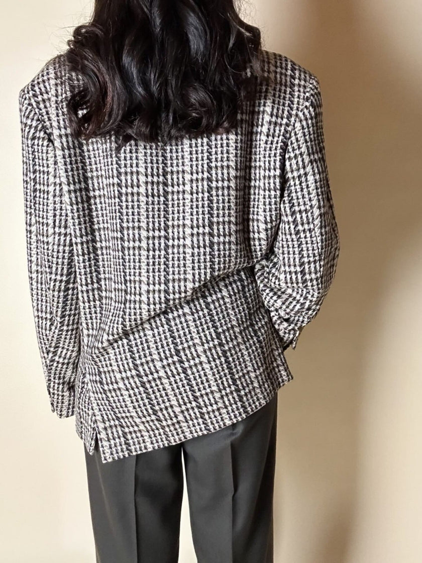 Blazer oversize in lana check beige e marrone con fodera fantasia uccellini
