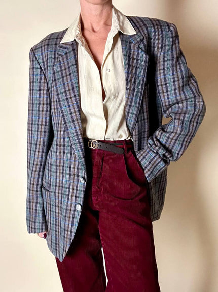 Blazer Yves Saint Laurent in lana Principe di Galles con overcheck azzurro