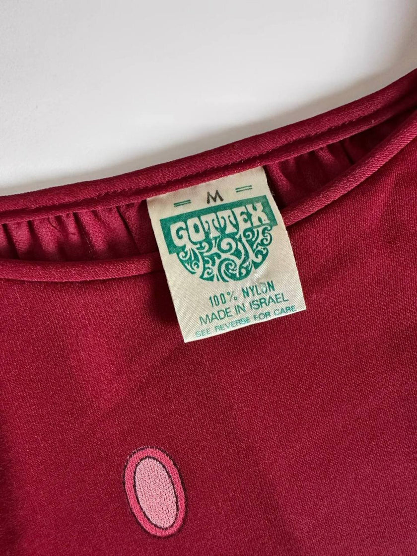 Maxi abito vintage Gottex in cpêpe amarena con maxi pois irregolari rosa