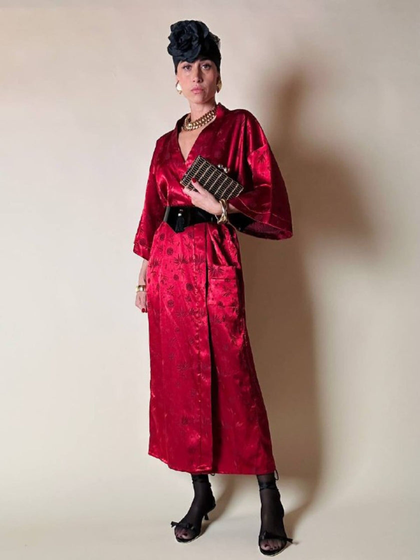 Kimono rosso bordeaux in tessuto Jacquard