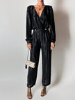 Jumpsuit vintage Yves Saint Laurent Rive Gauche nera con righe in lamé oro
