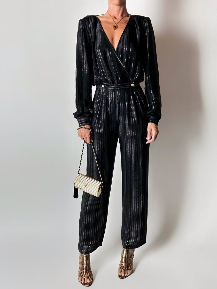 Jumpsuit vintage Yves Saint Laurent Rive Gauche nera con righe in lamé oro