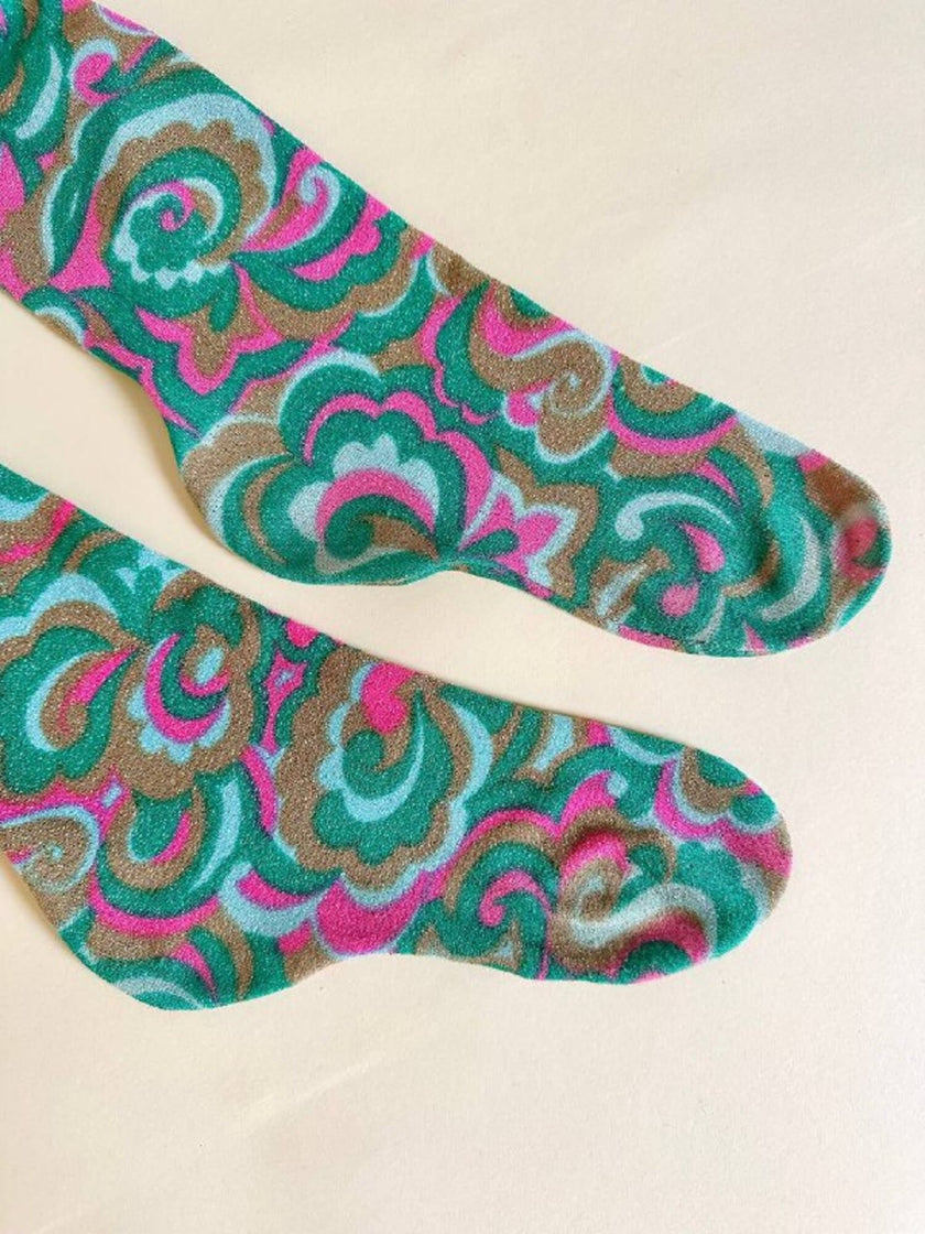 Collant fantasia floreale psichedelica nei toni del verde e rosa e nocciola “Helanca”