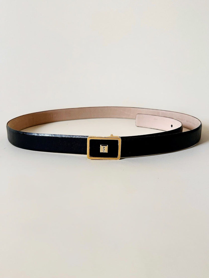 Cintura in pelle nera con fibbia rettangolare dorata “Yves Saint Laurent”