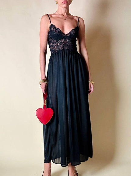 Slip dress nero in pizzo con coppe a balconcino “La Perla”