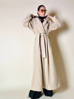 Cappotto lungo a vestaglia con cappuccio in drap di lana beige “Yves Saint Laurent”