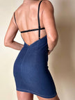 Mini abito D&G in denim blu scuro elasticizzato con scollo sulla schiena