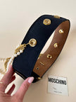 Cintura alta in gros grain nero con perle e catene pendenti “Moschino”