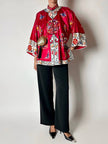 Giacca kimono vintage cinese in raso di seta rossa ricamata a mano