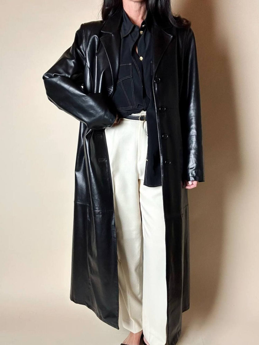 Maxi cappotto vintage in pelle nera semi lucida Vera Pelle