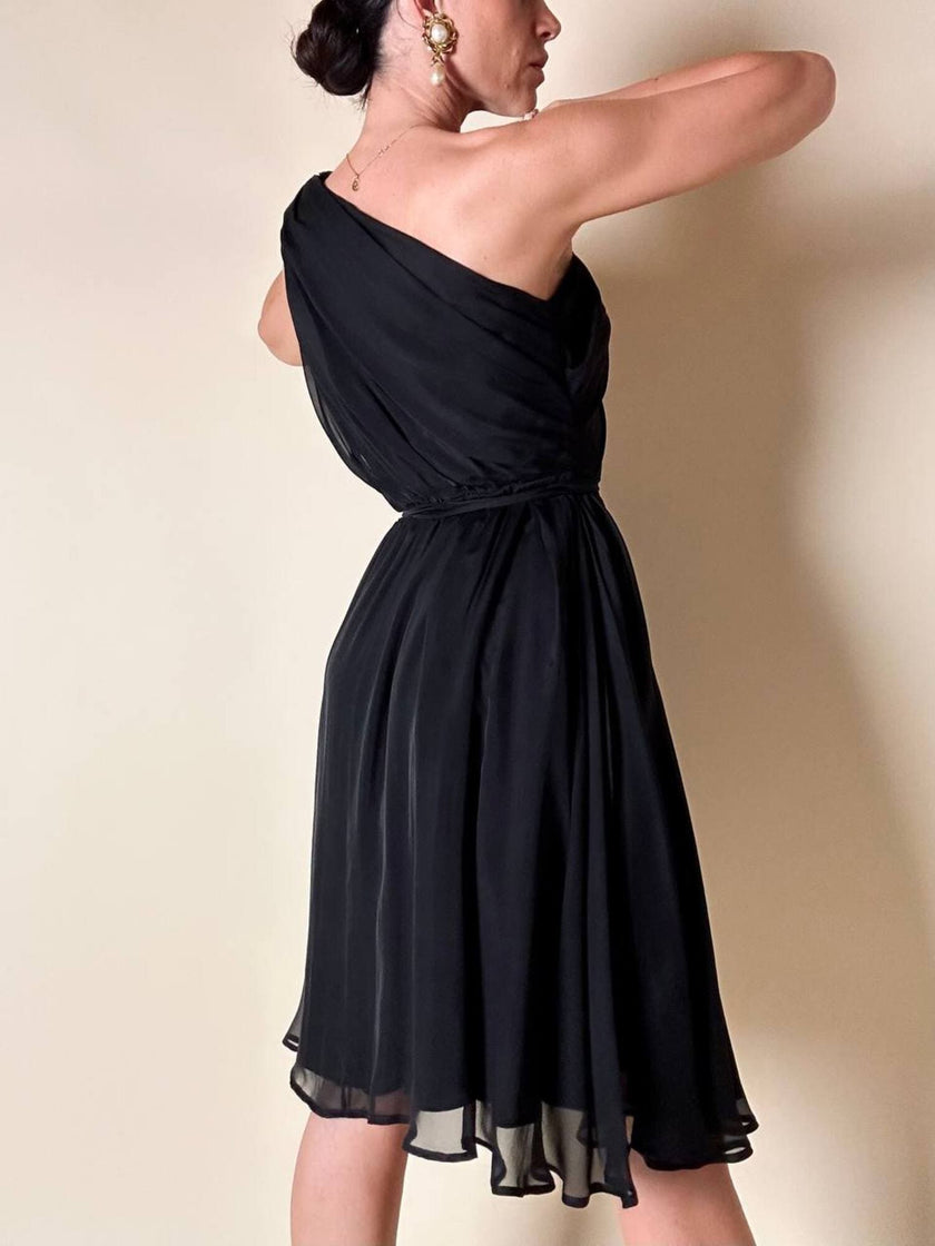 Abito mono spalla con gonna a ruota in voile di seta nero “MSGM”