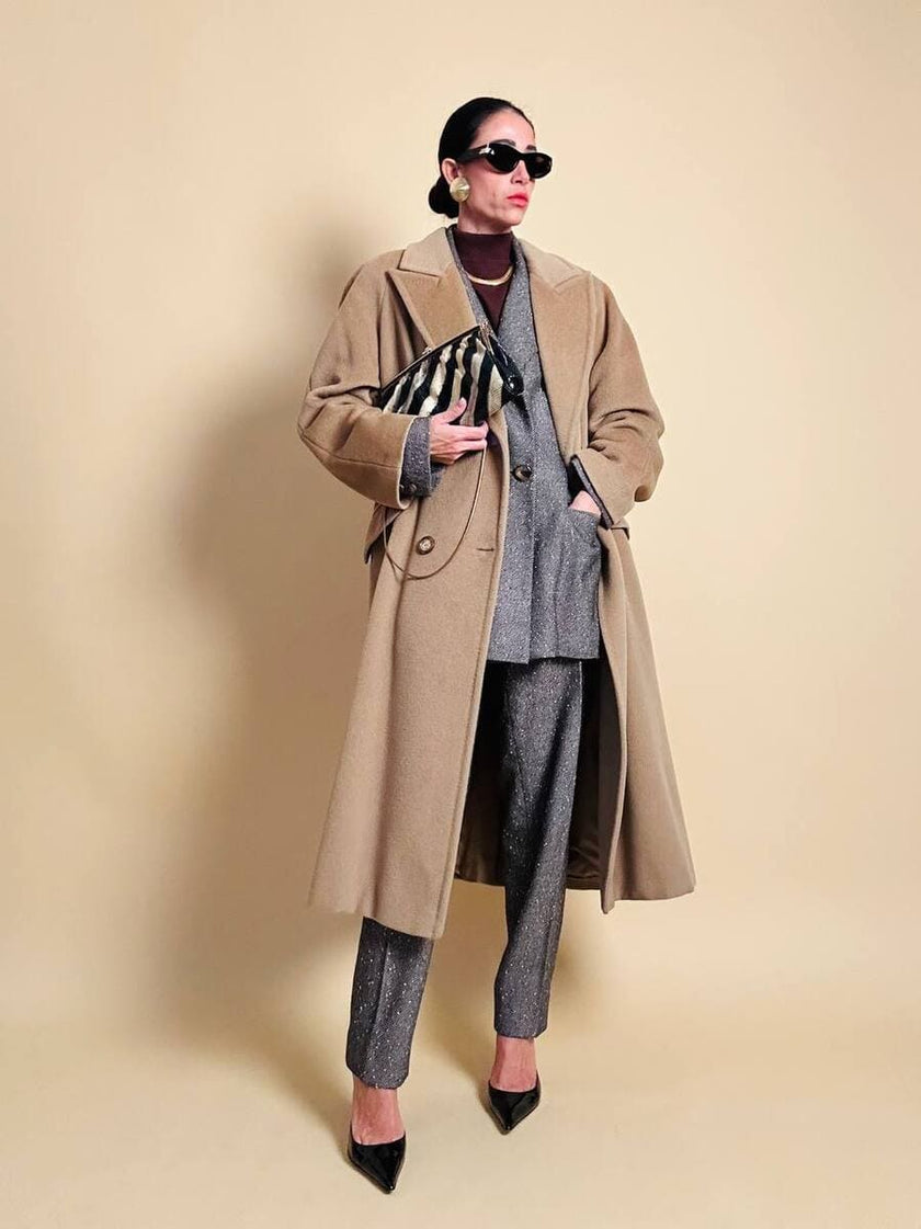 Cappotto doppiopetto in drap di lana cammello 