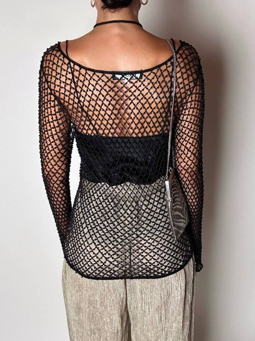 Maglia gioiello vintage List in rete operata con microperline nere