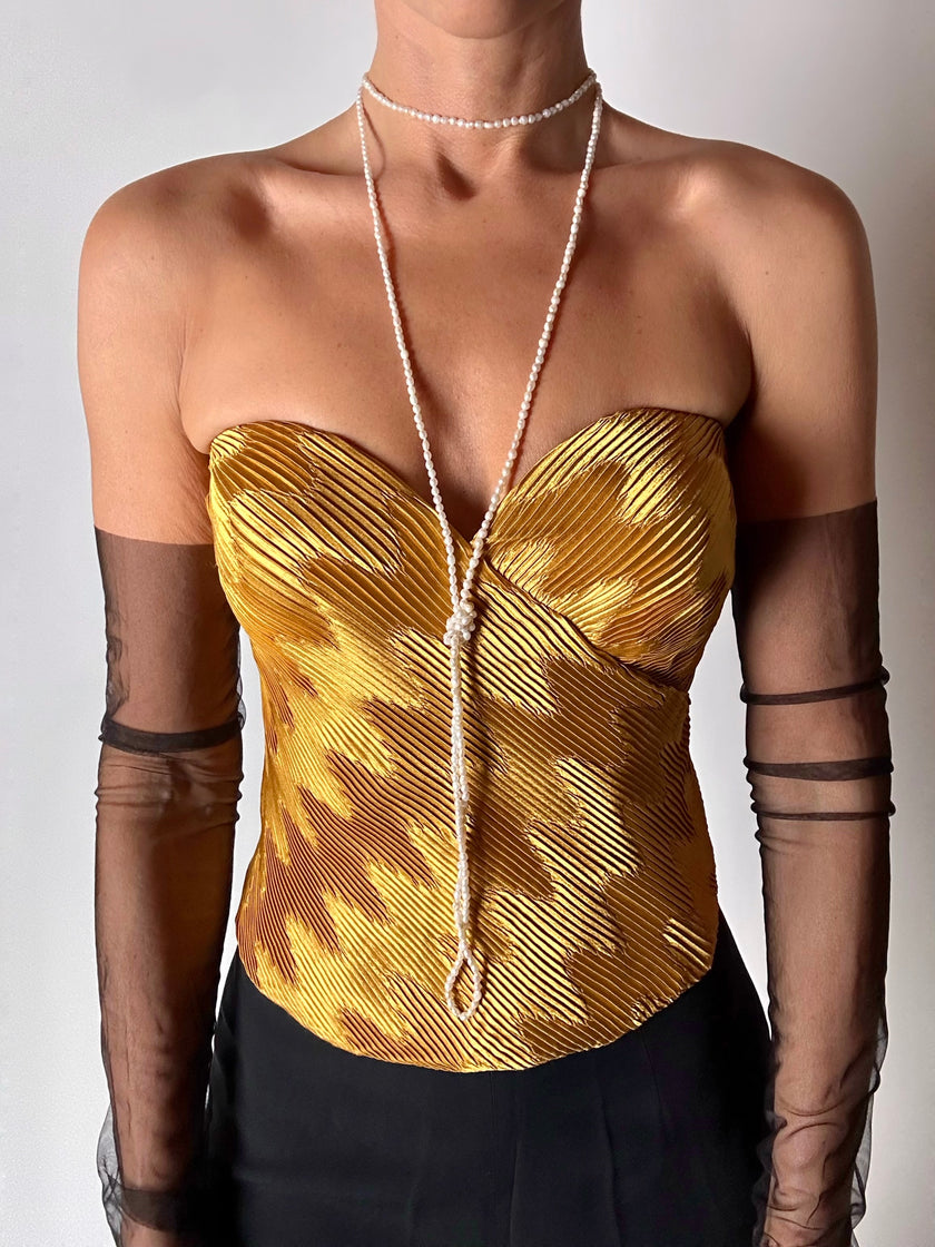 Bustier vintage La Perla in raso micro plissé ocra con scollo a cuore