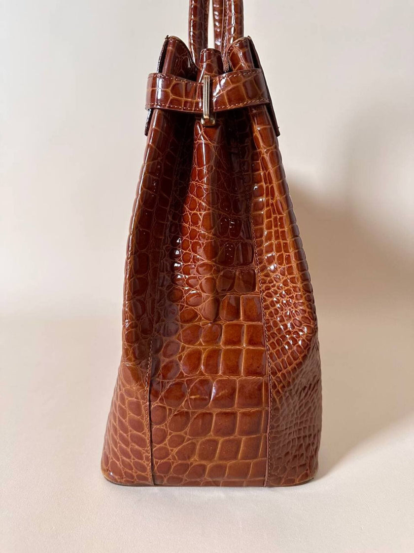 Maxi borsa in pelle stampa coccodrillo color cuoio