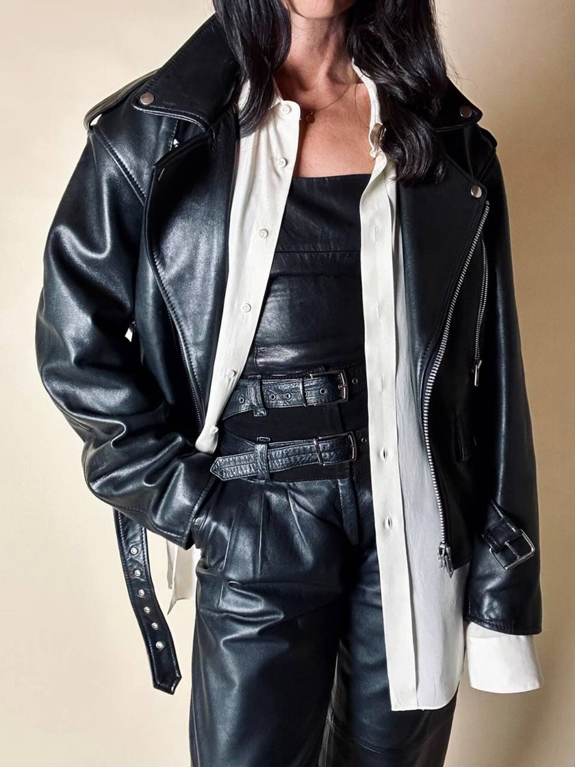Giacca biker vintage in pregiata pelle nera con fodera trapuntata