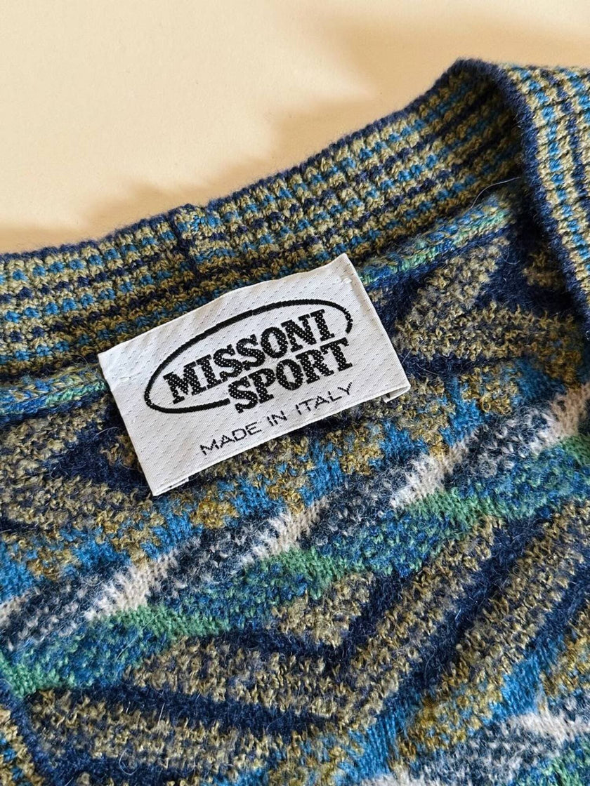 Cardigan Missoni Sport con pattern geometrico e trama tridimensionale nei toni del verde e blu