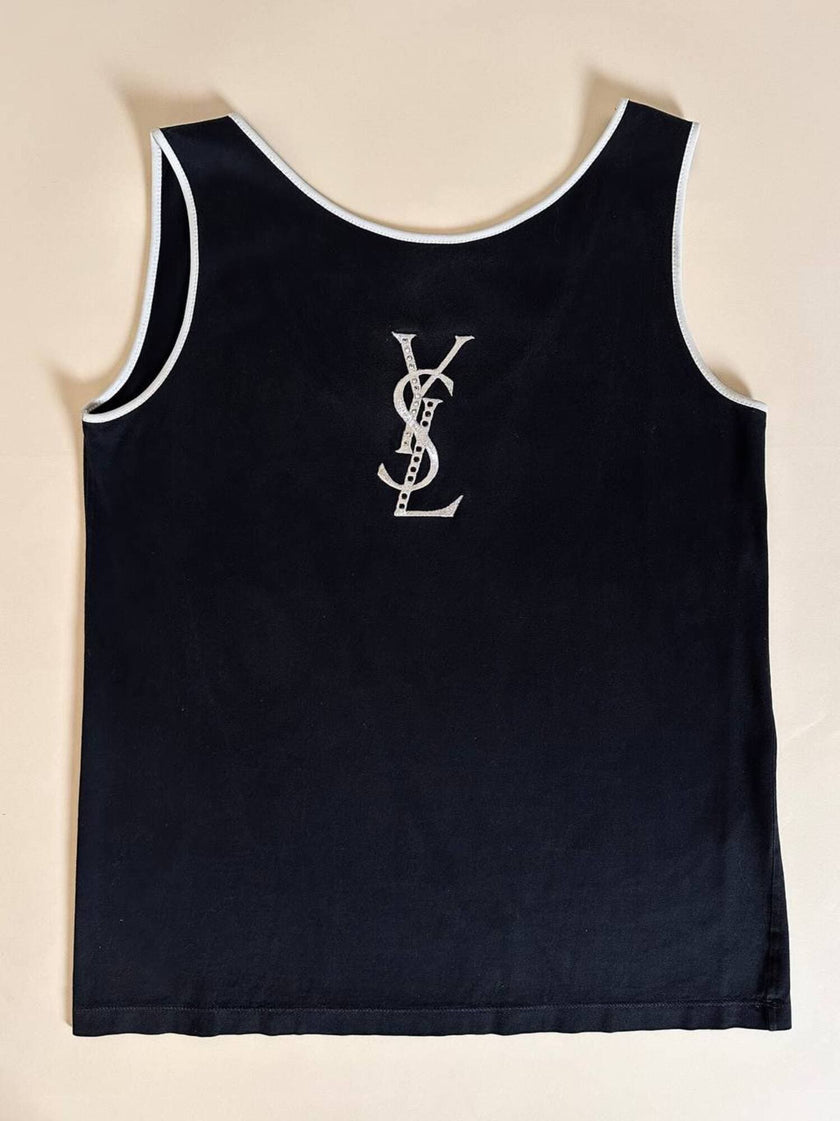 Canottiera in cotone nero con maxi logo ricamato “Yves Saint Laurent”