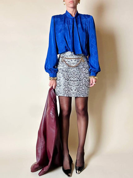 Camicia vintage Tricosa Paris in tessuto jacquard operato a losanghe bluette con nastro al collo