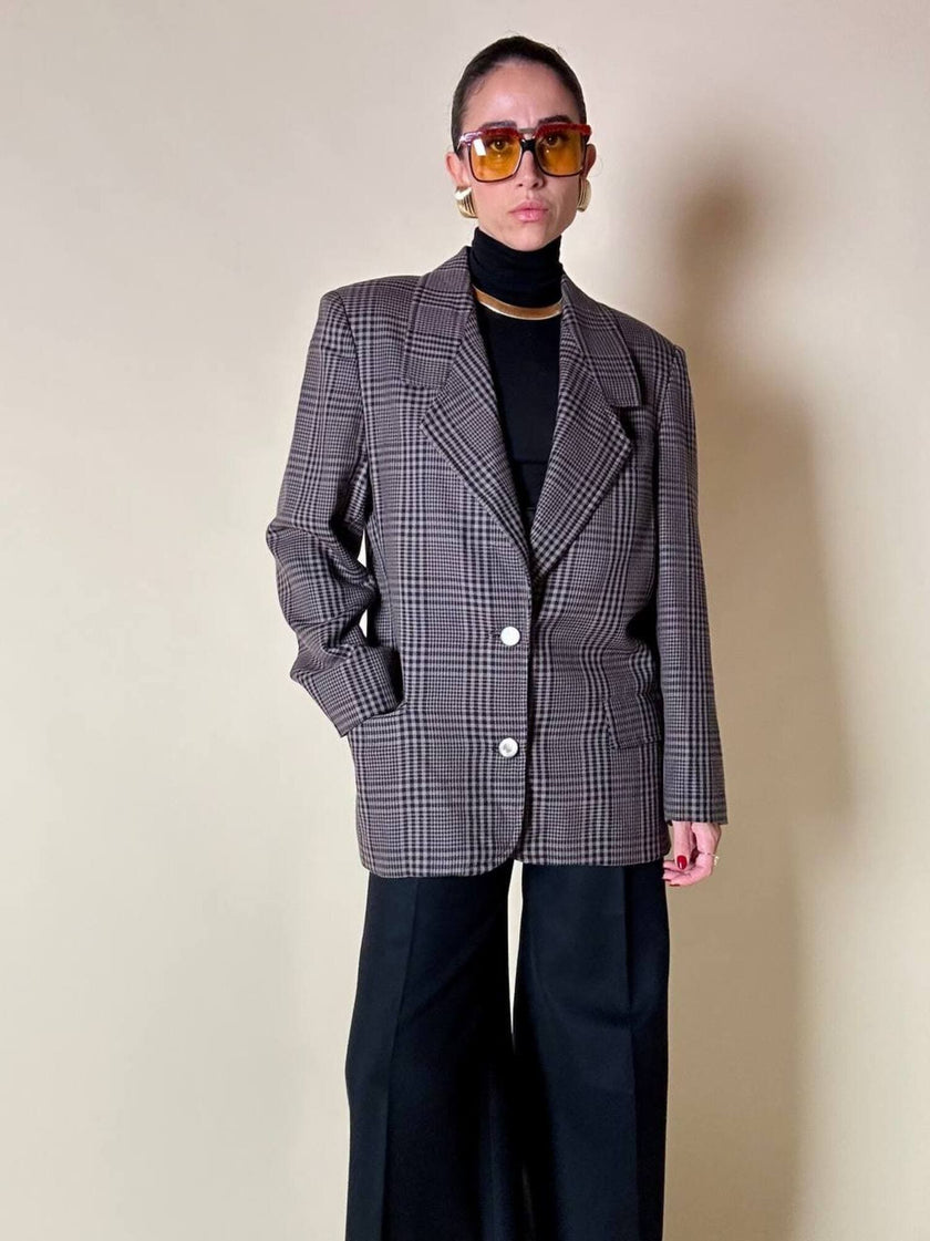 Blazer sartoriale in rasato di lana principe di Galles fango e nero