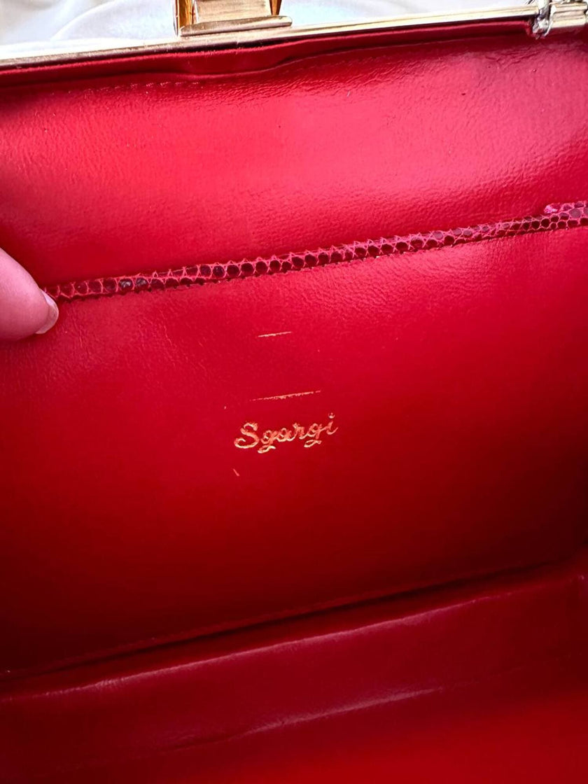 Borsa vintage Sgargi forma ottagonale in lizard rossa con tracolla in catena
