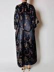 Langer Vintage-Kimono-Bademantel aus schwarzem Jacquard-Satin mit Drachen- und Blumenmotiven