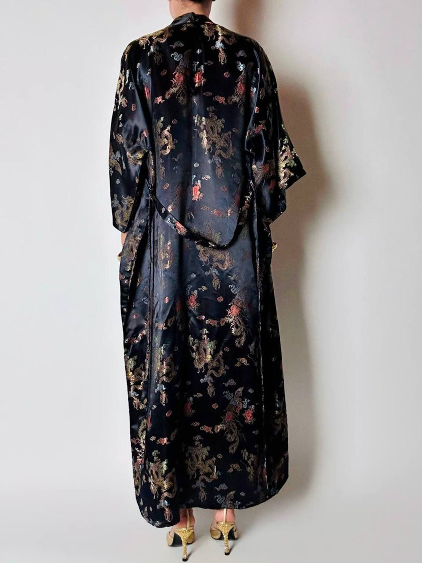 Langer Vintage-Kimono-Bademantel aus schwarzem Jacquard-Satin mit Drachen- und Blumenmotiven