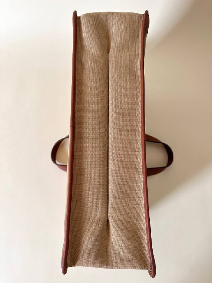 Borsa Yves Saint Laurent in canvas beige con profili color cuoio e motivo greca con logo