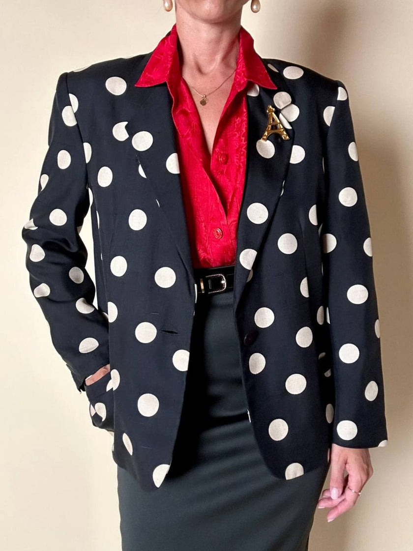 Blazer in seta nera a grandi pois color panna “Genny”