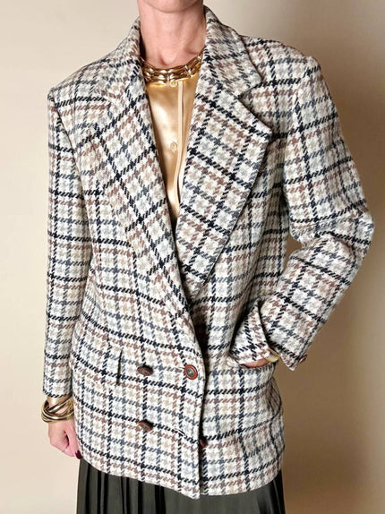 Blazer doppiopetto Guy Laroche Sportswear in lana glen check con bottoni in cuoio e metallo