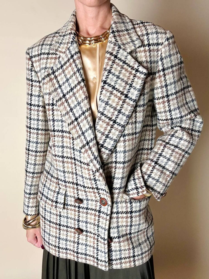Guy Laroche Sportswear glen check wool double-breasted blazer with leather and metal buttons