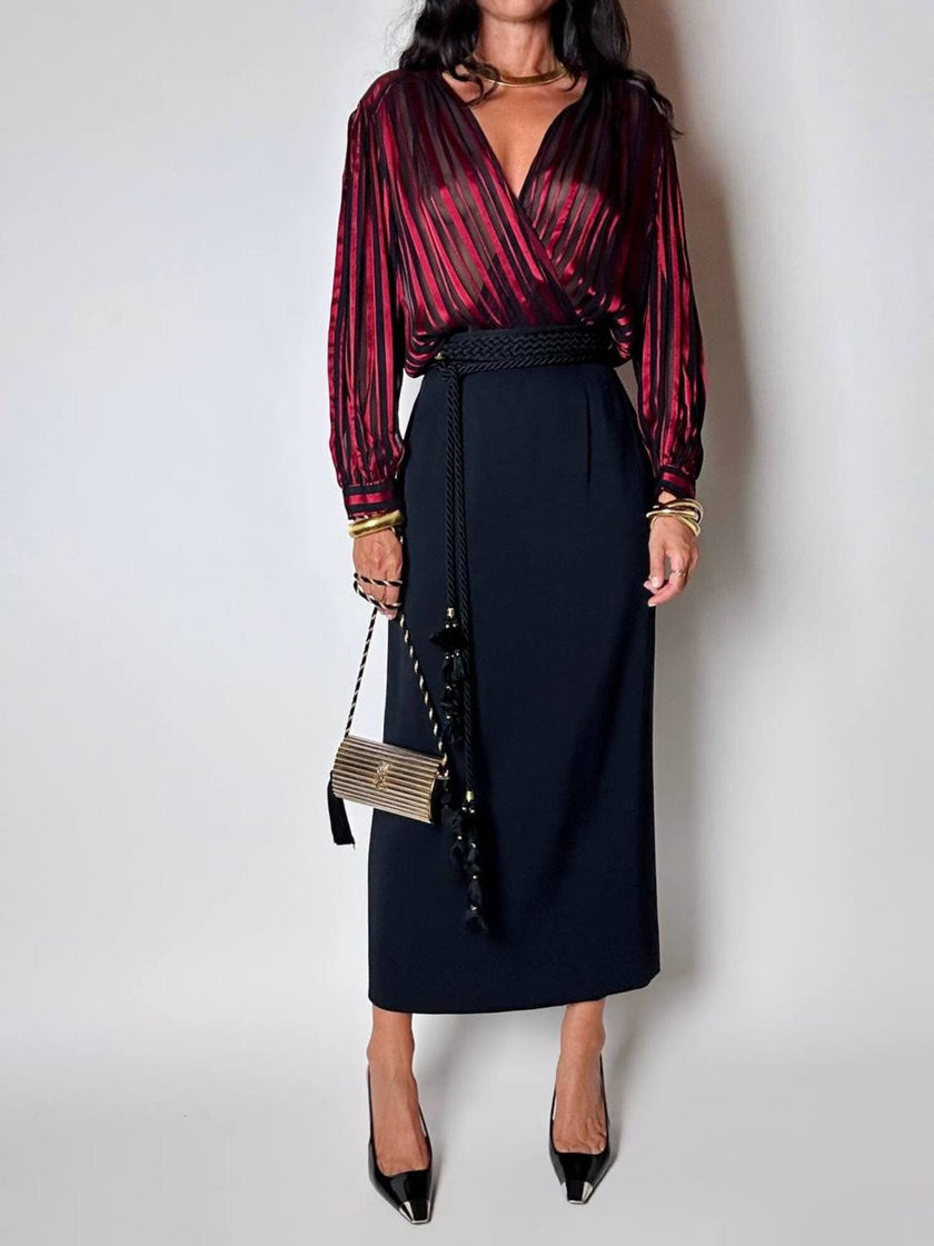 Camicia vintage in tessuto dévoré a righe bordeaux e nero