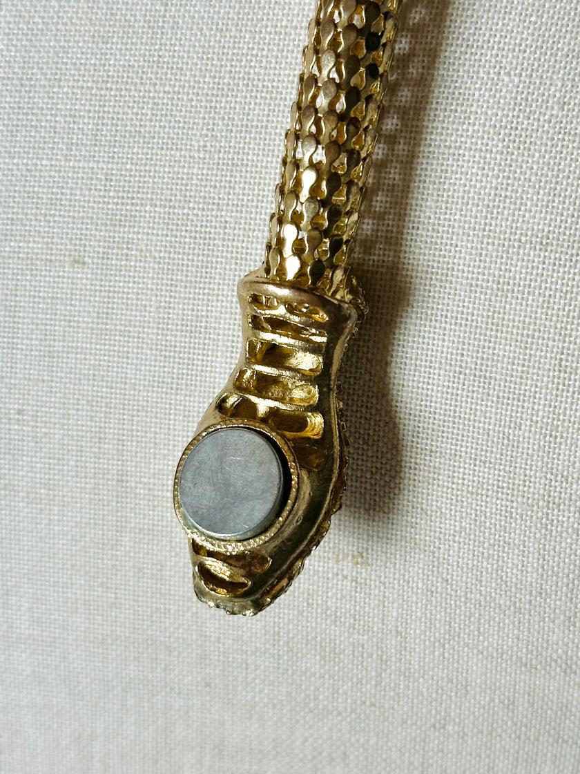 Collana/cintura gioiello vintage a forma di serpente in maglia metallica dorata con strass