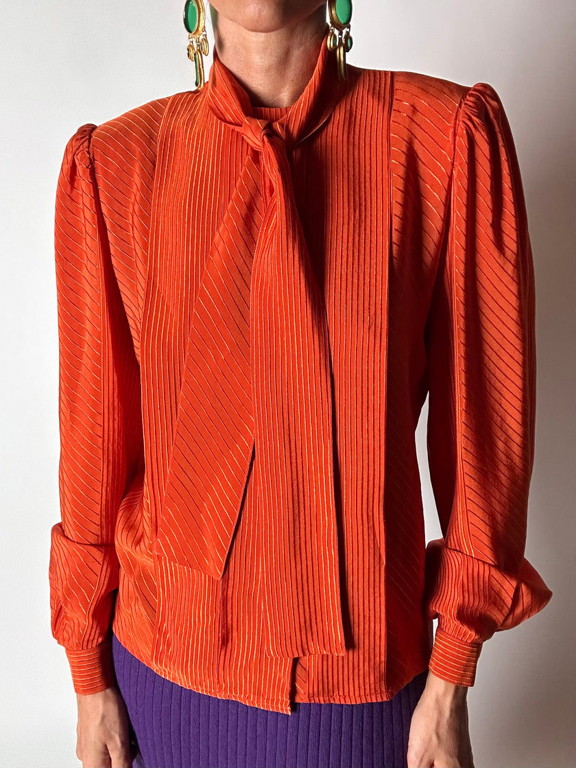 Camicia vintage Scherrer Boutique con nastro al collo in seta jacquard zucca