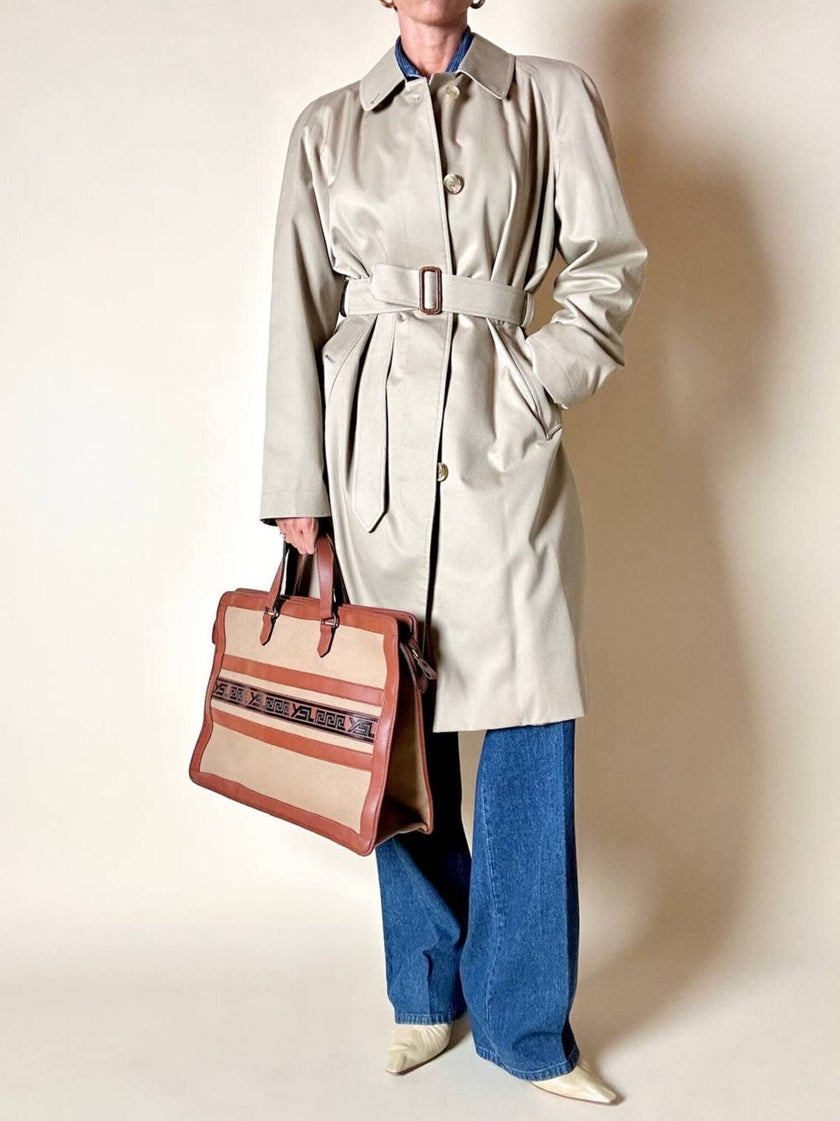 Borsa Yves Saint Laurent in canvas beige con profili color cuoio e motivo greca con logo