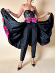 Gonna a ruota in seta fantasia floreale fucsia con maxi fiocco