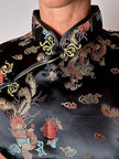 Qipao vintage in raso jacquard nero fantasia orientale con draghi e fenici