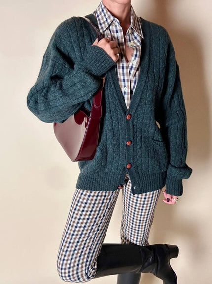 Cardigan Yves Saint Laurent in lana verde inglese con bottoni berlebeck