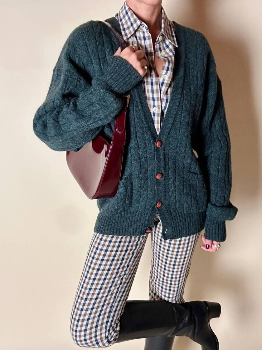 Cardigan Yves Saint Laurent in lana verde inglese con bottoni berlebeck