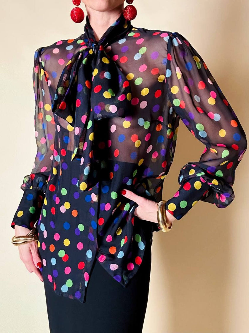 Camicia con fiocco in chiffon di seta nero a pois multicolor “D&G”